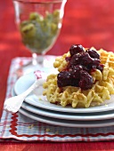 Waffles with cherry jam