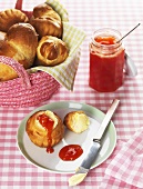 Brioche with butter and strawberry & rhubarb jam
