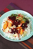 Beetroot, carrots and apples on rice