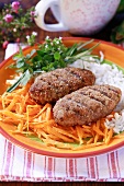 Burgers with raw carrots, rice and herbs