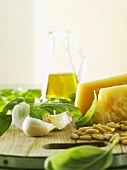 Ingredients for pesto on chopping board