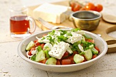 Bulgarian salad of pepper, tomato, cucumber, onion and feta