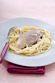 Turkey breast with port and cream sauce on pasta