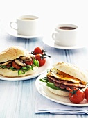 Bacon and egg sandwich and mushroom and tomato sandwich