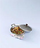 Stir-fried vegetables with rice and strips of beef fillet