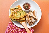 Courgette frittata and strips of turkey with dip