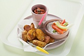 Roast potatoes and vegetable sticks with two different dips