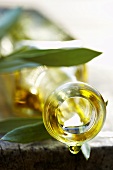 Olivenöl tropft aus Flasche (Close Up)