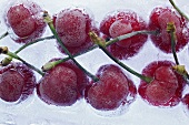 Cherries frozen in a block of ice (close-up)