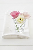 Three lisianthus flowers in a glass