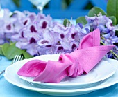 Place-setting with fabric napkin on summery table