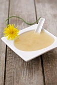 Dandelion honey in a small dish with dandelion flower