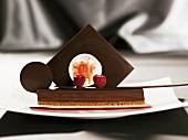 Elegant chocolate dessert with raspberries and strawberries