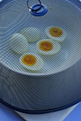Hard-boiled eggs in a dish under a food cover