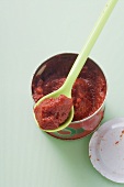 Tomato puree in tin and on kitchen spoon