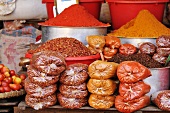 An assortment of spices on a market stall in Burma