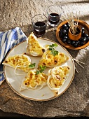Cheese and onion on toast, olives and red wine (Majorca)
