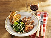 Lamb chops, spinach with feta and pine nuts