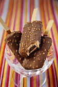 Ice creams on sticks with chocolate and nut coating