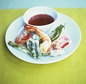 Vegetable and scampi tempura, with spicy sauce