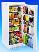Tall refrigerator full of food