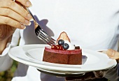 Small cake topped with berry mousse
