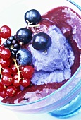 Blackberry and blueberry ice cream with red berry sauce