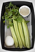 Cucumber wedges with cress and egg in cardboard container