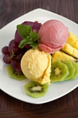 Various types of fruit sorbet on fresh fruit