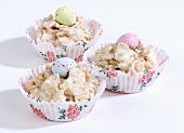 White chocolate crispies with sugar eggs