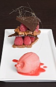 Chocolate truffle with fresh raspberries & raspberry ice cream