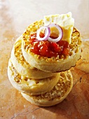 Crumpets with tomato chutney and cheese