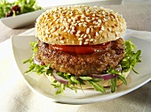 Burger with rocket, onions and ketchup in sesame roll