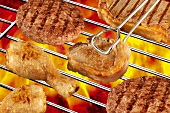 Chicken legs and meat on barbecue
