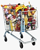 Shopping trolley with an assortment of food and drink
