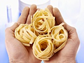 Two hands holding tagliatelle