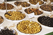 Pickled olives on a market stall