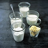 Assorted dairy products in glasses