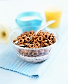 Chocolate cereal with milk for breakfast