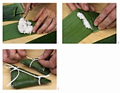 Preparing rice in banana leaves