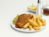 Fish and chips on a plate (England)
