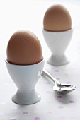 Two boiled eggs in egg cups with spoon