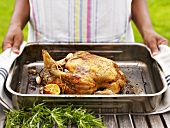 Lemon chicken in a roasting tin