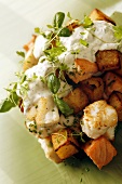 Pytt i panna (Swedish potato hash) with fish and dill mayonnaise