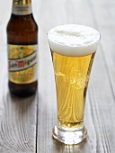 Light beer in glass in front of bottle
