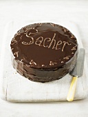 Sachertorte with the word 'Sacher'