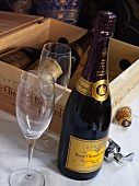 Bottles of champagne in and beside wooden box