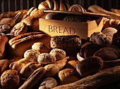 Various types of breads and rolls with a bread bin