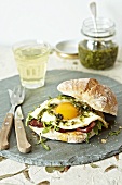 Ciabatta with fried egg and pesto