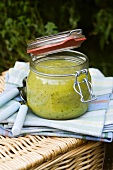 Cream of courgette soup in a preserving jar for a picnic
